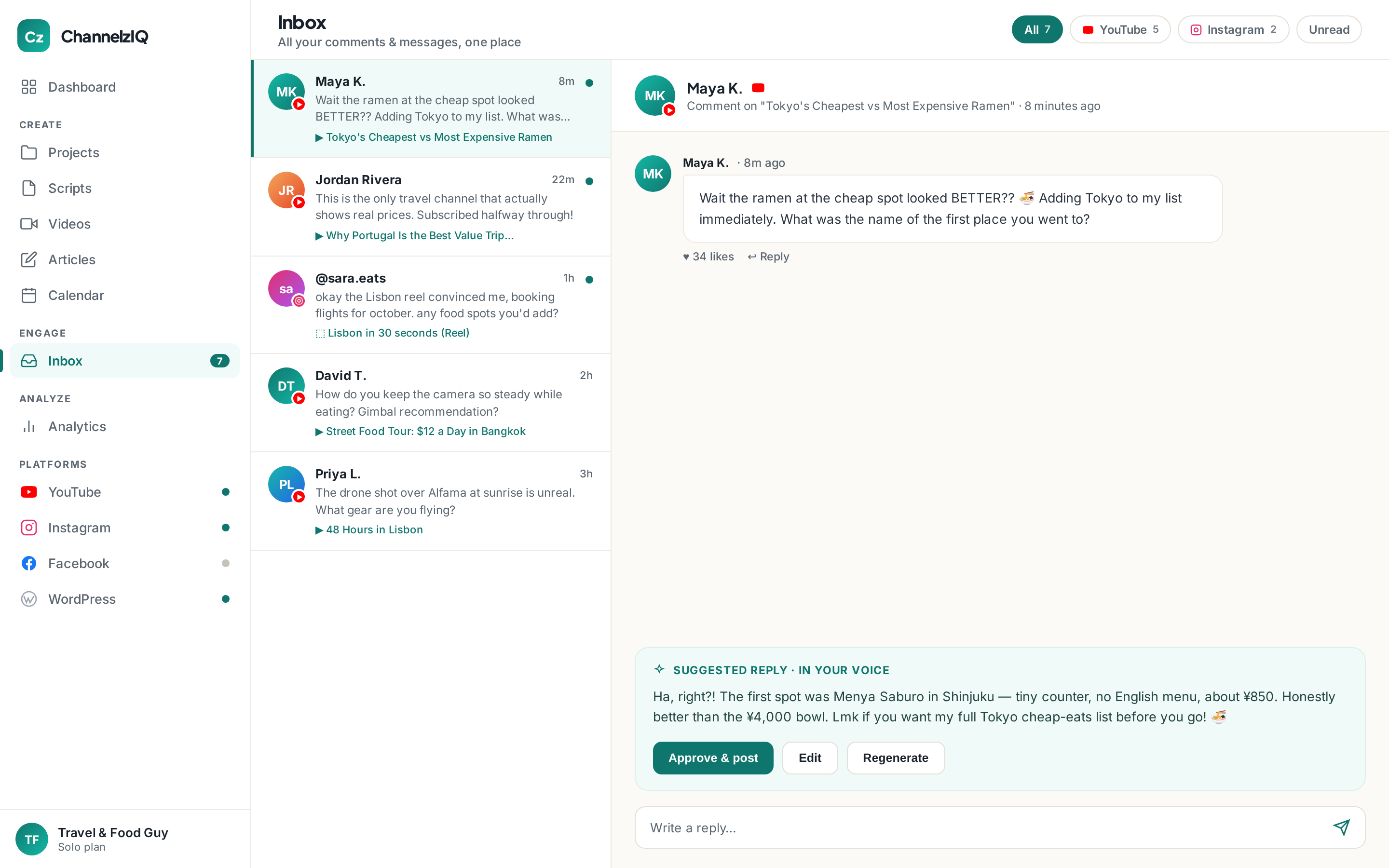 The ChannelzIQ unified inbox showing YouTube comments, Instagram and Facebook messages side by side with AI-drafted replies.